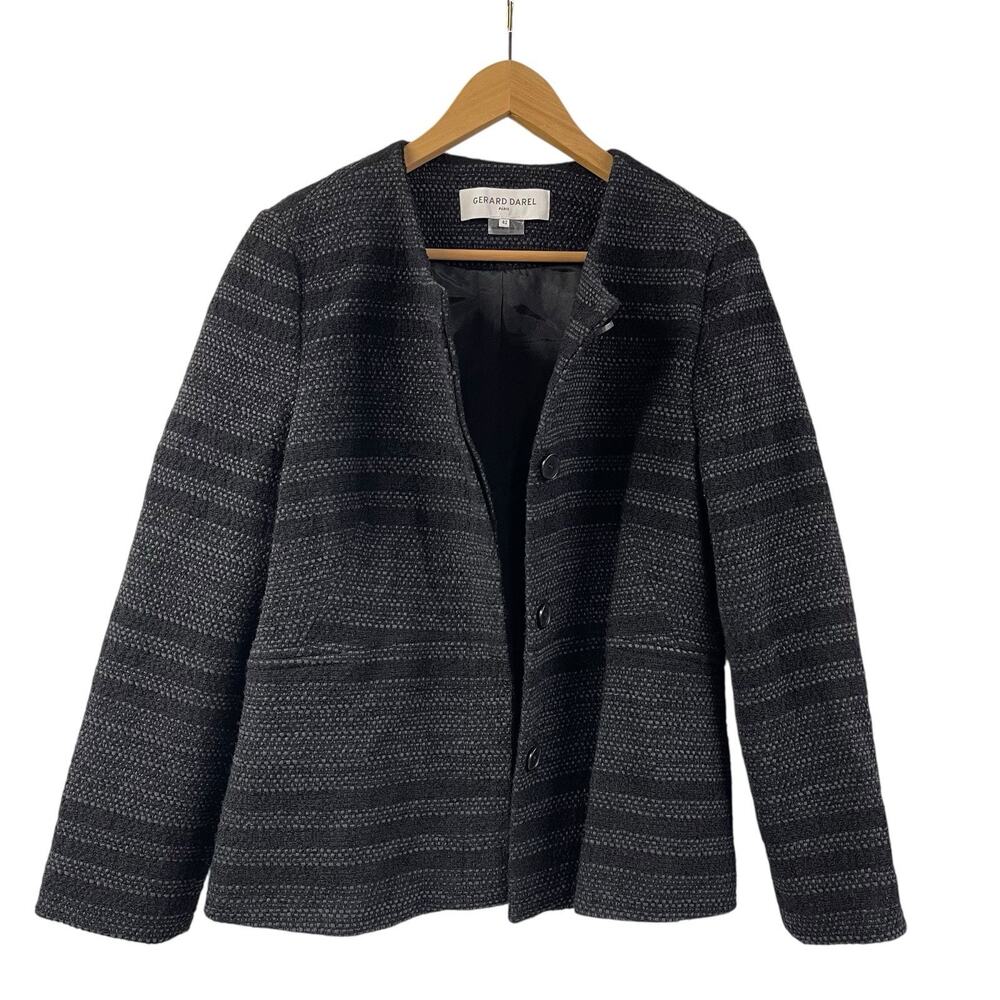Gerard Darel Paris Tweed Blazer Jacket Gray Black Striped 42